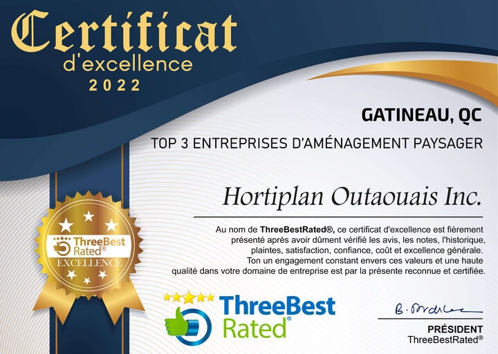 Certificat excellence Hortiplan Outaouais meilleure entreprise amenagement paysager Gatineau top 3 